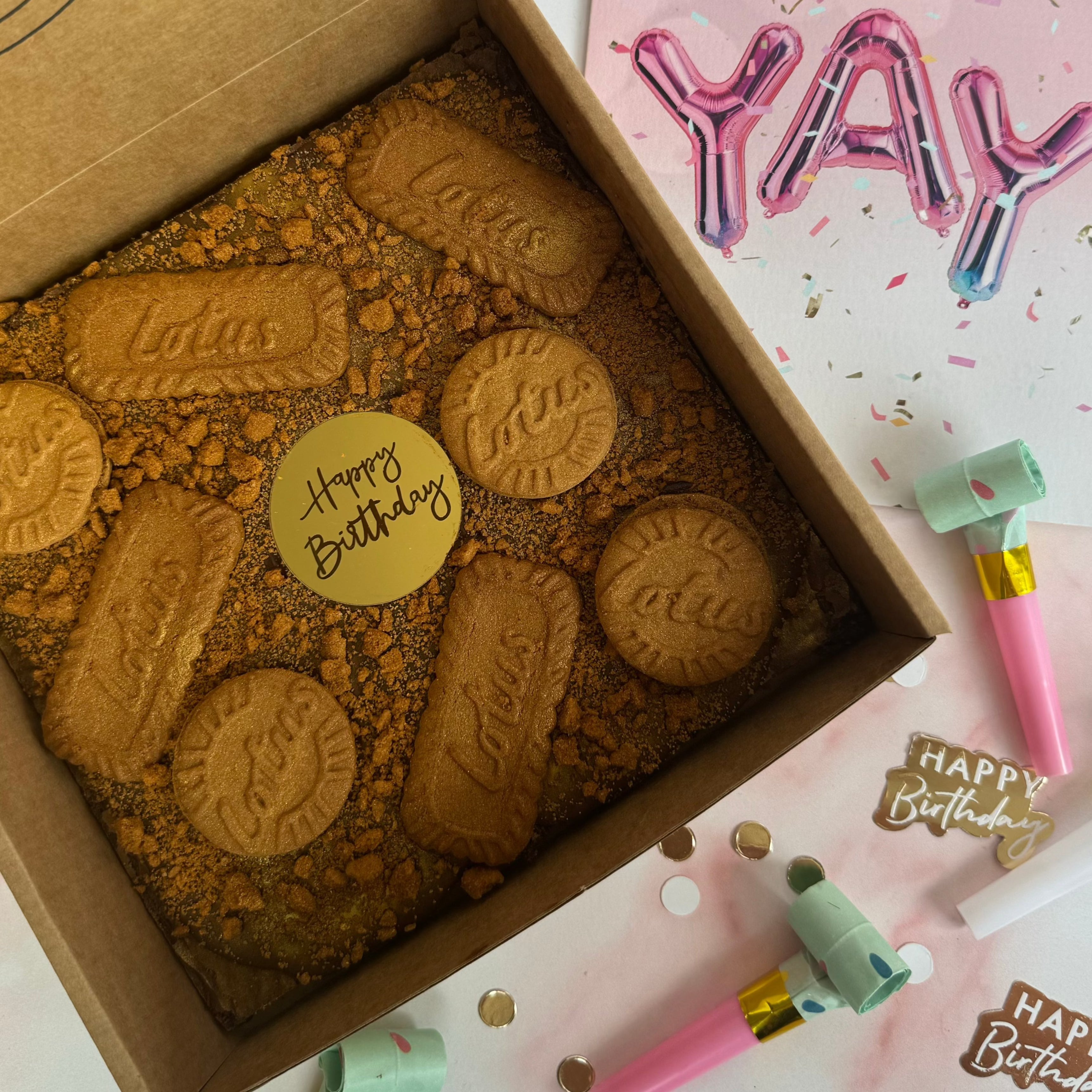 The Brownie Box UK Postal birthday brownie slab delivered nationwide. Biscoff Birthday Brownie Slab. 