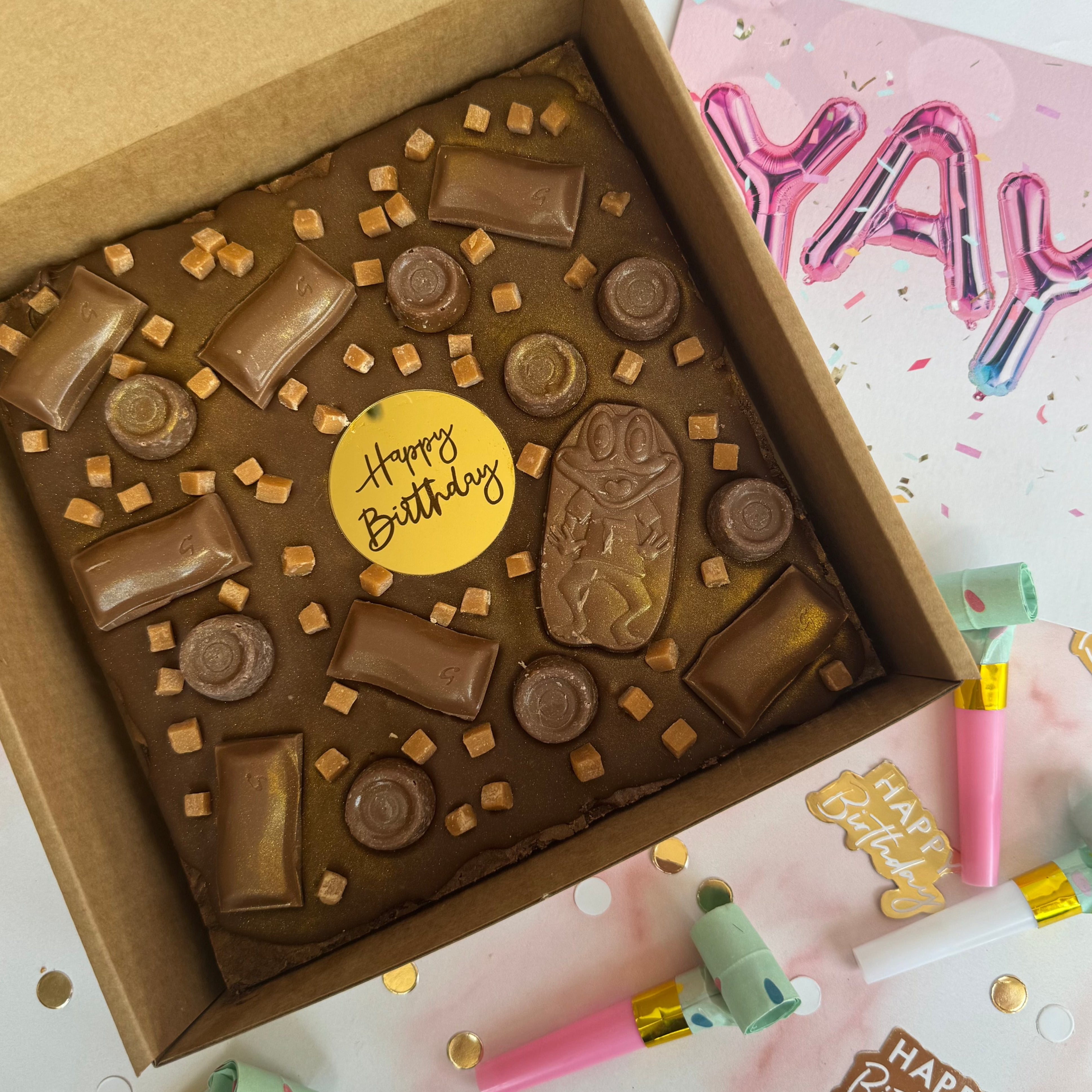 The Brownie Box UK Postal birthday brownie slab delivered nationwide. Caramel Birthday Brownie Slab. 