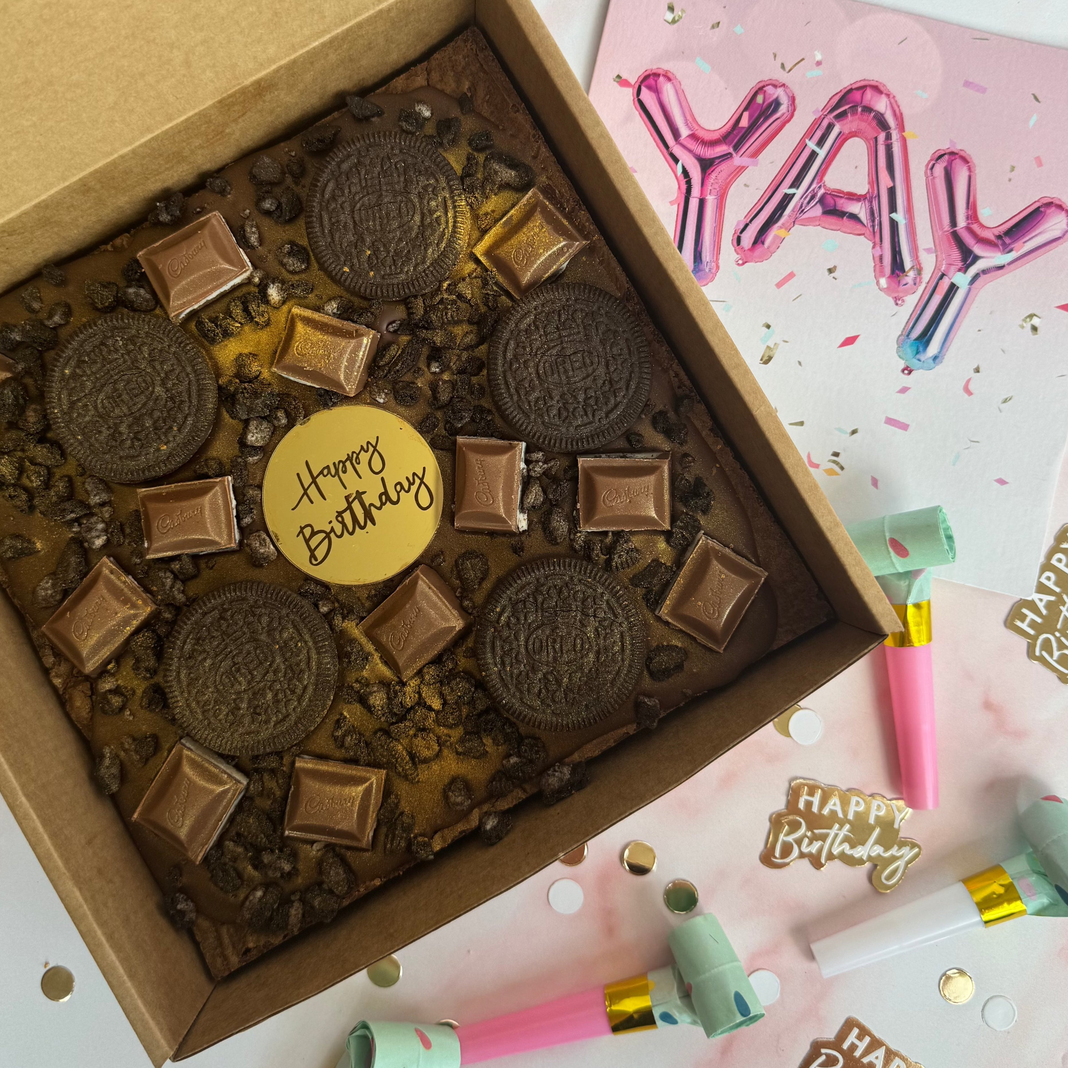 The Brownie Box UK Postal birthday brownie slab delivered nationwide. Oreo Birthday Brownie Slab. 