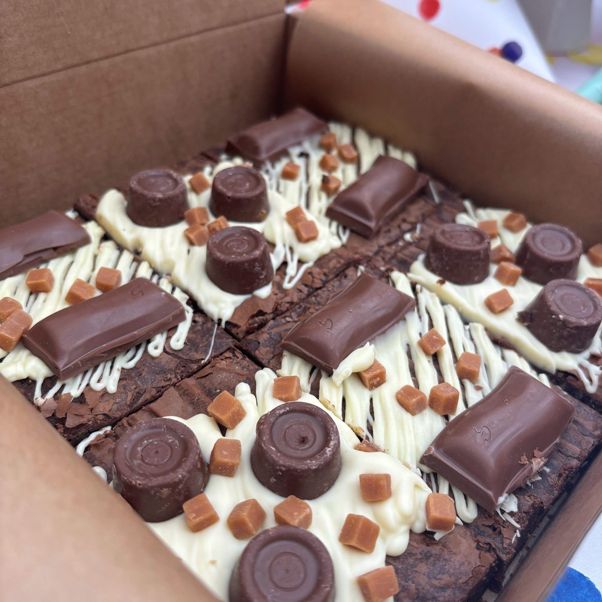 The Brownie Box Uk Postal brownies delivered nationwide. Caramel and rolo lover birthday brownie box of 6.